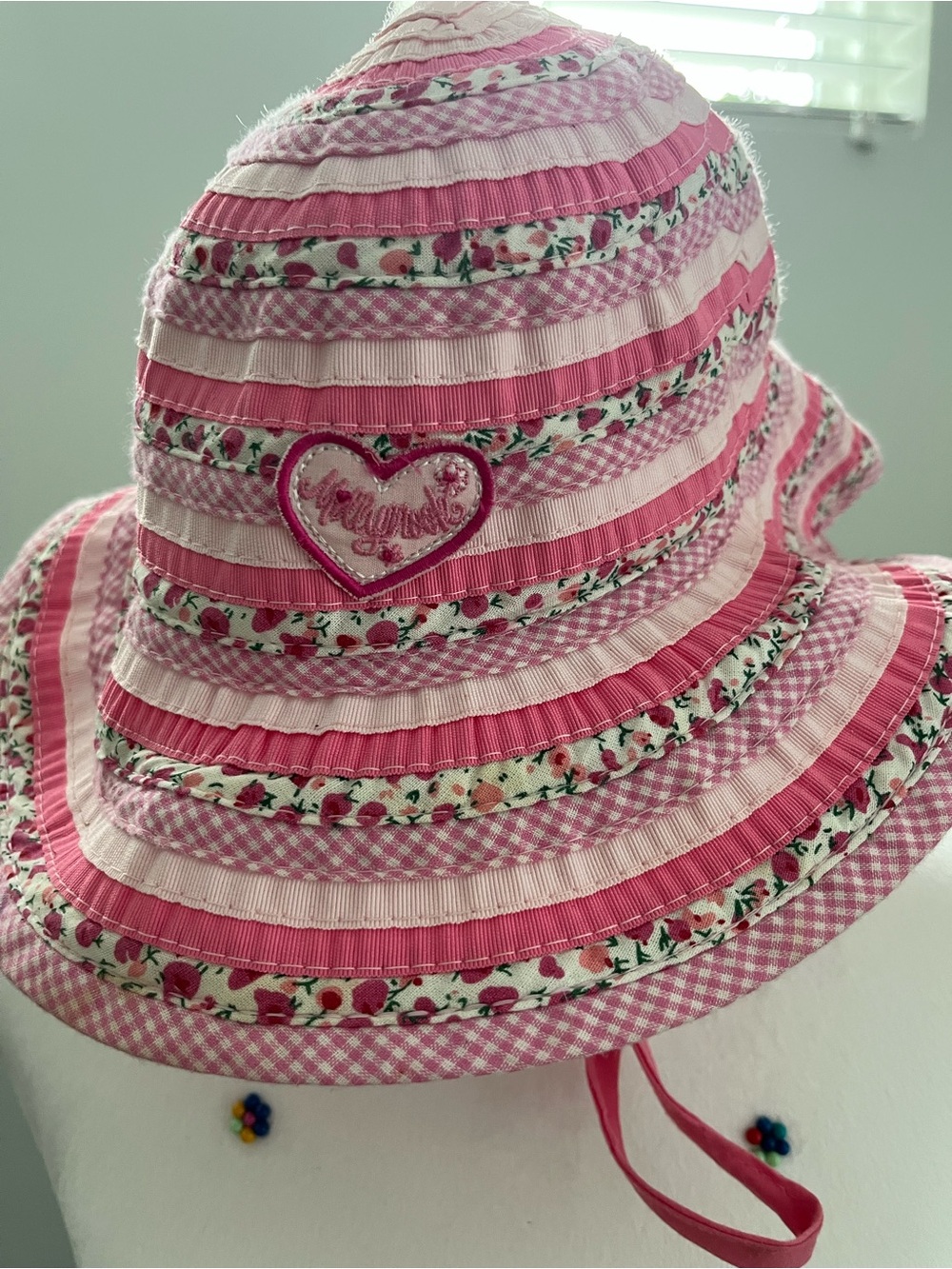 Pink Striped Floral Sun Hat with Heart Patch